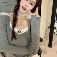 Yuewen Xám Ren Khâu Đáy Áo Thun Dài Tay Nơ Cổ Chữ V Top