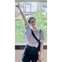 Yuewen Xanh Trắng Sọc Áo Sơ Mi Ngắn Tay Nữ Phong Cách Hàn Quốc Cao Cấp Rời Nhỏ Ôm Hơn Nhìn Ngắn Top