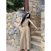 Yueyejia YY Khuyến Mãi Tóc Thẳng Retro Phong Cách Hồng Kông Phù Hợp Với Nữ Kaki Áo Vest Ngắn Không Tay Top Mùa Hè Eo Cao Quần Ống Rộng Thường Ngày Bộ Đồ Hai Mảnh