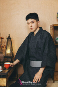 Yukata Nam Đen Sọc Thắt Lưng Xám