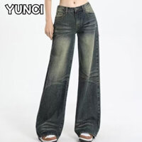 Yunci Retro Hot Girl Quần Jean Thấp Tầng Nữ Thu Đông 2023 Cũ Giặt Quần Ống Rộng Quần Rời Thẳng