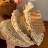Yydiannawu Mũ xô vành rộng, Mũ ngư dân đi biển mùa hè, Băng ruy băng hoa ren thủ công Nhật Bản Nơ Mũ chống nắng ống hút nữ bé gái