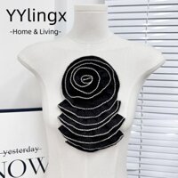 Yylingx Ngực Hoa Quần Áo Miếng Dán, Hoa Táo Nhiều Lớp Hoa Táo, Đen Trắng DIY Satin Vải Kim Cương Giả Quần Áo Đính Cho Nữ