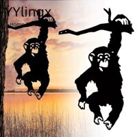 Yylingx Trang trí hàng rào sân vườn, Khỉ đen treo trên cành Sắt Silhouette cọc, Phụ kiện sân vườn thủ công Sắt rèn Nghệ thuật chèn Tượng bóng ngoài trời trong nhà