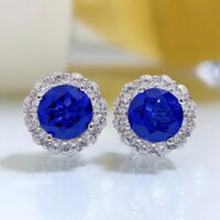 Z-191    Bông tai nữ bạc 925, Bông tai Zircon xanh 8mm
