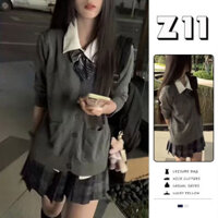 Z11 Đồ dùng học sinh Váy ngắn xếp ly màu xám than cao cấp đa năng Váy đồng phục JK cho nữ Bộ áo phông phong cách học viện mùa xuân thu