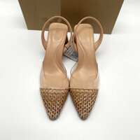 Za Phong Cách Mới Mùa Hè 2024 Mũi Nhọn Dày Gót Hạ Miệng Giày Cao Gót Nữ Dây Nhựa Ngón Chân-Covered Thời Trang Dệt Sandal Nữ