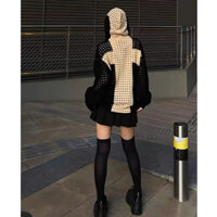 ZA001 Áo khoác len lưới có mũ trùm đầu dáng rộng thiết kế in hình chữ thập thời trang cá tính