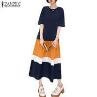 Zanzea Celmia Ngày lễ nối Pleat Váy cổ chữ O tay ngắn dáng rộng