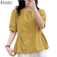 Zanzea Nữ Hàn Quốc Cổ Tròn Dây Buộc Đèn Lồng Tay Chia Xếp Ly Áo