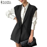 Zanzea Nữ Không Tay Ve Áo Cổ Phối Ren Trang Trí Túi Thanh Lịch Áo Khoác Ngoài Áo Vest