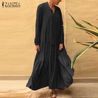 ZANZEA Nữ Tay Dài Cột Plus Size Dài Váy Tầng Đầm maxi