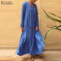 ZANZEA Nữ Tay Dài Cột Plus Size Dài Váy Tầng Đầm maxi