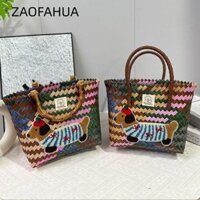 Zaofahua Túi Rơm, Xúc Xích Chó Dệt Túi Xách, Sọc Retro Dung Tích Lớn Tre Tay Cầm Dệt Giỏ Nữ