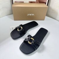 Zara 2025 Giày Nữ Mùa Hè Đen Khóa Chữ Thập Có Khóa Vàng Trang Trí Dép Đế Bằng Phong Cách Anh Muller