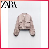 Zara Áo Khoác bomber Vải Lanh Phối Túi Thời Trang Cho Nữ