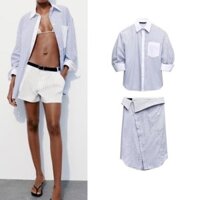 Zara áo sơ mi kẻ phối trắng và chân váy kiểu ấn tượng cùng bộ Zara made in Morocco full tag
