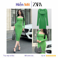 ZARA Đức - Đầm dài midi body ôm thun gân dài tay khoét ngực cutout xanh lá sale auth new sẵn chính hãng cao cấp 0858/512