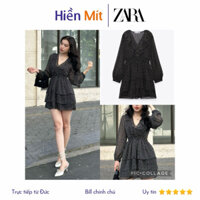 ZARA Đức - Đầm ngắn dáng xòe tay dài bèo voan cổ V đen chấm bi trắng chiết eo co giãn sale auth new tag có sẵn 2587/168