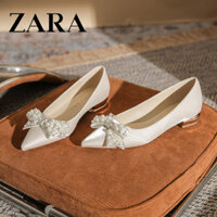 Zara Giày Cưới Bằng Nữ Gót Dày Phong Cách Mới Mũi Nhọn Nông Miệng Nơ Không Mệt Mỏi Thấp Gót Giày