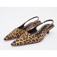 Zara Home Mùa Đông Sản Phẩm Mới Giày Nữ Da Báo In Hình Động Vật Slingback Giày Gót Thấp 2023 Phong Cách Mới