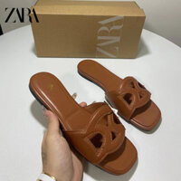 Zara Mũi Vuông Dép Đế Bằng Thường Ngày Bên Ngoài Mặc Màu Nâu Rỗng Lười Dép Mở Mũi Đi Biển Giày Nữ A-01