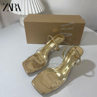 Zara Mũi Vuông Kim Loại Giày Cao Gót PVC Trong Suốt Dây Nhựa Mở Ngón Chân Dây Đeo Sau Dép Thời Trang Nữ