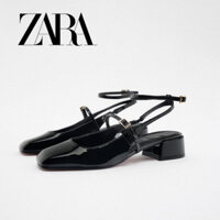 Zara Nữ Mũi Vuông Giày Da Nhỏ Gót Dày Cao Gót Giày Đơn Dây Đeo Bằng Sandal