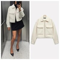 Zara Thu Đông Phong Cách Mới Nữ Châu Âu Mỹ Phong Cách Dài Tay Ve Áo Đính Hạt Da Len Phù Hợp Với Áo Khoác Ngắn 3046288