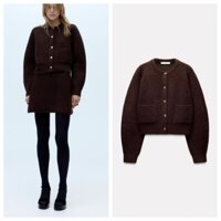 Zara Thu Đông Sản Phẩm Mới Áo Len Nữ Cardigan Lười Vàng Ngực Cổ Tròn Dài Tay Dệt Kim Áo Khoác 3920557