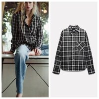 Zara Thu Đông Sản Phẩm Mới Nữ Flannel Cotton Kẻ Sọc Dài Tay Ve Áo Sơ Mi Một Men Top 9525066