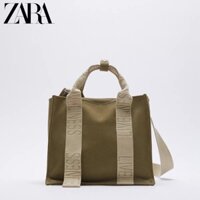 [ZARA] TÚI XÁCH ZARA MINI VẢI DÙ IN CHỮ MÀU XANH KAKI