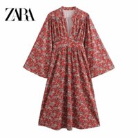 Zara women's new style light mature style long-sleeved floral print flare sleeve dress