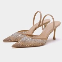 Zara2024 Mùa Hè Phong Cách Mới Gạc Thoáng Khí Mũi Nhọn Giày Cao Gót Nữ Baotou Kim Cương Giả Mở Gót Giày Sandal Nữ Giày Nữ