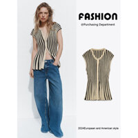 Zara2025 Mùa Xuân Sản Phẩm Mới Nữ Sọc Thợ May Drap Vai Áo Len Không Tay 8779154 070