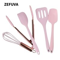 Zefuva 5 Dụng cụ nhà bếp bằng silicon, Bộ dụng cụ nhà bếp chống dính màu vàng hồng Bộ năm mảnh, Bộ nấu ăn nhà bếp chịu nhiệt silicon Mini màu hồng