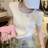 Zeng Xiaoxian hương dừa tương phản màu áo phông dệt kim ngắn tay áo nữ mùa xuân Hàn Quốc dễ phối đồ dệt kim mỏng kim tôi nhung bên ngoài SHME ZU15