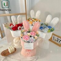 Zenithem Hoa móc hoàn thiện, Bông tai thỏ hình bông hồng sang trọng dệt kim, Thỏ màu trơn Phim hoạt hình sáng tạo Vải len quấn hoa trang trí đám cưới