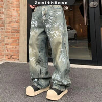Zenithrose Quần Jean Nam Sơn-Splashing Phong Cách Graffiti Rời Thẳng Đường Cao Cấp