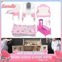 Zerodis Phòng ngủ búp bê đặt đồ nội thất với đệm bằng hàng rào nhựa bàn trang điểm đầu giường cho 1/12