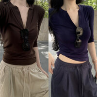 [Zestiva] áo thun tay dài áo thun ôm body trơn basic cổ chữ V áo croptop tay dài áo thun tay lỡ