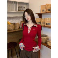 [Zestiva] áo thun tay dài áo thun ôm body nữ áo phông trơn cổ chữ V đỏ
