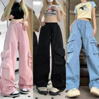 [Zestiva] S-3XL Hàn Quốc Quần dài quần ống rộng nữ quần túi hộp nữ Dây rút kaki Quần Túi Hôp Bigsize Retro HZFWC2086