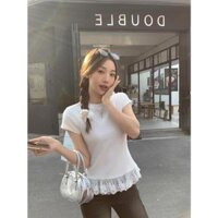 [Zestiva] Tay Ngắn áo thun ôm body nữ trơn basic Cổ Tròn ren 3.7