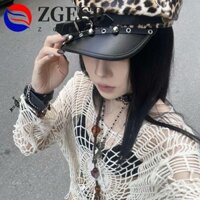Zgecb Rivet Leopard Hat, Sex Punk Y2k Beret Hat, Retro Pu Da Gothic Bông Tai Kẹp Flat Top Cap cho Bé Gái