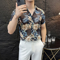Zh Áo sơ mi in hình mùa hè tay ngắn thương hiệu hợp thời trang quần áo nam đẹp trai 2025 mùa hè mới mặc lưới thoáng khí thoáng khí áo sơ mi nam tay ngắn nhìn xuyên thấu áo sơ mi hoa nam
