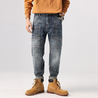 Zh [Sẵn sàng] Quần jean bảo hộ lao động cổ điển thông thường và mát mẻ Thương hiệu hợp thời trang nối quần ống thẳng dáng rộng đường phố cao cấp