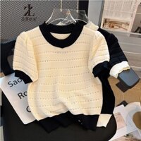 ZHELIHANGFEI Áo Dệt Kim Trễ Vai Tay Phồng Đính Nơ Họa Tiết Kẻ Sọc