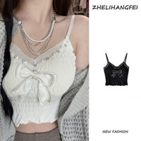 ZHELIHANGFEI Áo Hai Dây Màu Trắng Phối Ren Thắt Nơ Phong Cách Pháp Thời Trang Cho Nữ