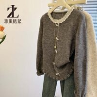 ZHELIHANGFEI Áo len cổ tròn ren Áo khoác nữ nơ Top Funger Edge Dệt kim Cardigan
